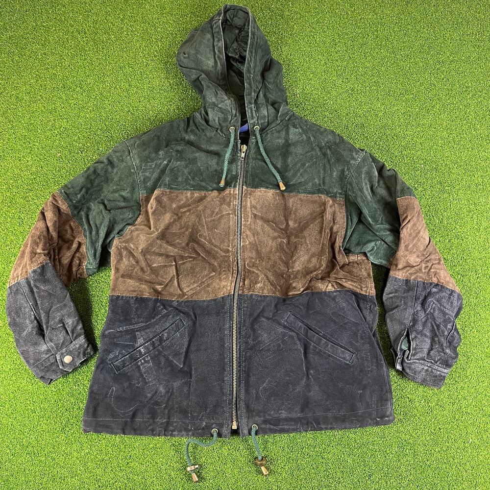 Apparatus Men’s Large Colorblock Hooded Jacket Green Brown Black Zip Outdoor